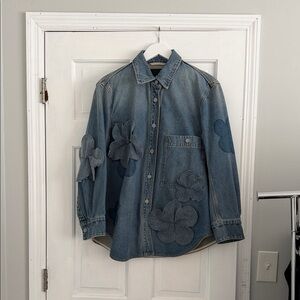 Denim Button Down Shirt with Floral Applique